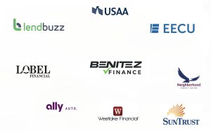 Logos of Benitez Auto Group's financing partners, including USAA, Ally Auto, Westlake Financial, EECU, SunTrust, and others, emphasizing diverse financing options for customers.