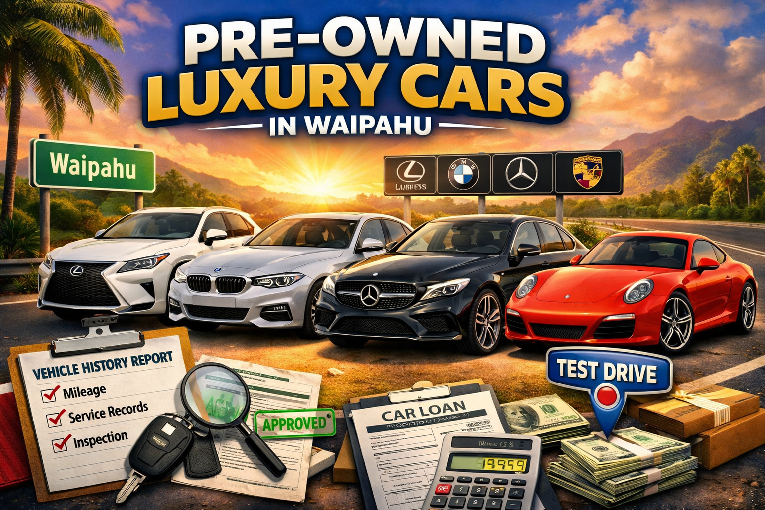 sed luxury vehicles for sale in Waipahu Hawaii with tropical background and inspection checklist