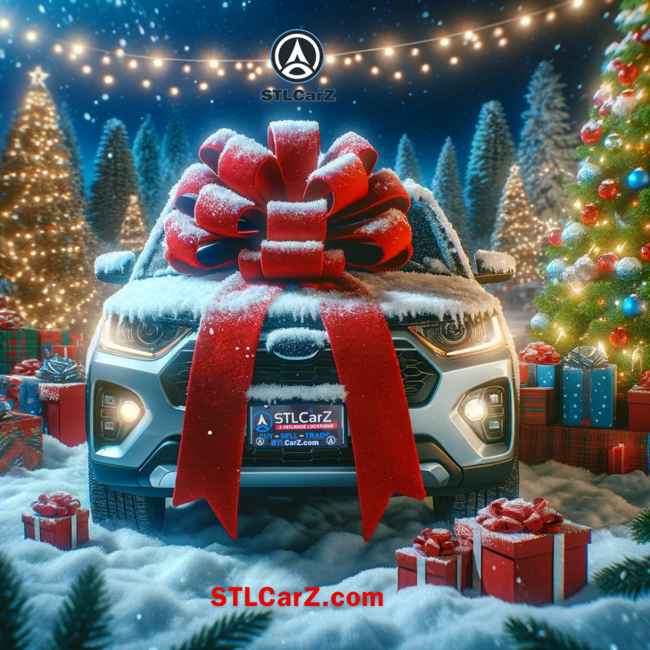 "A pre-owned car adorned with a large red bow, parked in a snowy winter landscape, surrounded by twinkling Christmas lights and festive trees, symbolizing holiday gifting and celebration.