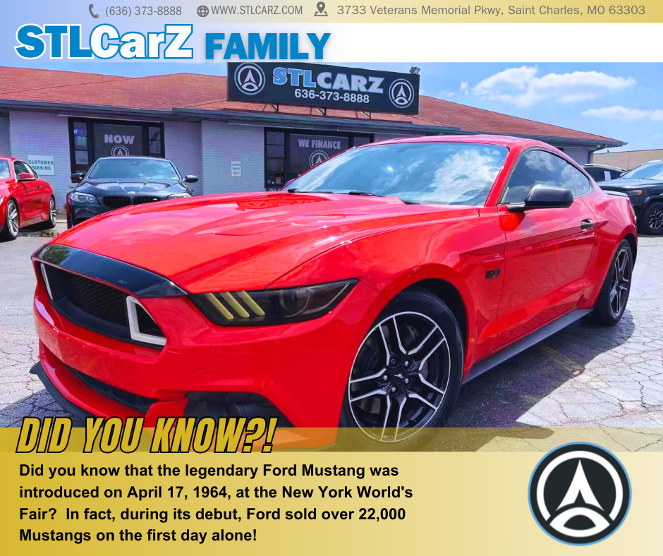 A Ford Mustang in Red color at STLCarZ Family car lot and the information on is about Ford Mustang