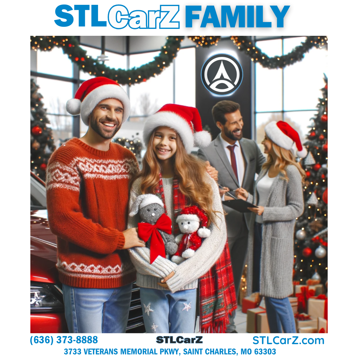 happy family in red Christmas sweaters and red hats in stlcarz delaership