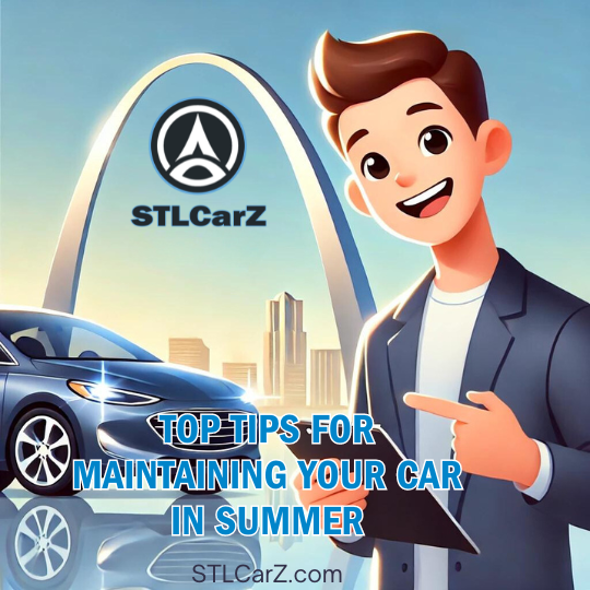 A happy customer standing with a car in front of the Gateway Arch, featuring the STLCarZ logo and the text 'Top Tips for Maintaining Your Car in Summer'. The image is bright and cheerful, emphasizing the customer's joyful expression and the sleek design of the car