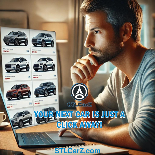 Man considering buying a used car while browsing online.