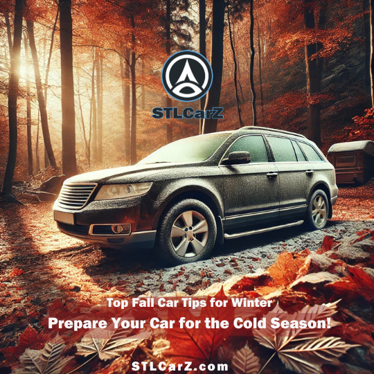 SUV parked in a scenic autumn setting with STLCarZ branding, showcasing frost on the vehicle to highlight fall car tips for winter preparation.