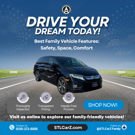 Promotional image for STLCarZ showcasing a black Honda Odyssey minivan with the text 'Drive Your Dream Today! Best Family Vehicle Features: Safety, Space, Comfort.' The image includes icons for 'Thoroughly Inspected,' 'Transparent Pricing,' and 'Hassle-Free Process,' along with a 'Shop Now!' button. Contact information and the STLCarZ website link are displayed at the bottom.