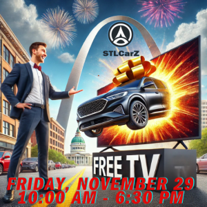A vibrant promotional image for STLCarZ's Black Friday event. It features a sleek car bursting out of a large flat-screen TV with a gift bow, symbolizing a free TV giveaway. The background includes the iconic Gateway Arch in St. Louis, fireworks, and city buildings. Bold red text at the bottom announces the event date and time: "Friday, November 29, 10:00 AM - 6:30 PM." The STLCarZ logo is prominently displayed above the scene.