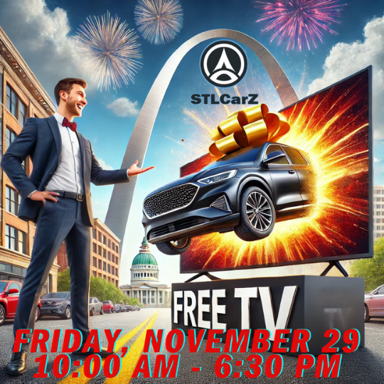 A vibrant promotional image for STLCarZ's Black Friday event. It features a sleek car bursting out of a large flat-screen TV with a gift bow, symbolizing a free TV giveaway. The background includes the iconic Gateway Arch in St. Louis, fireworks, and city buildings. Bold red text at the bottom announces the event date and time: "Friday, November 29, 10:00 AM - 6:30 PM." The STLCarZ logo is prominently displayed above the scene.