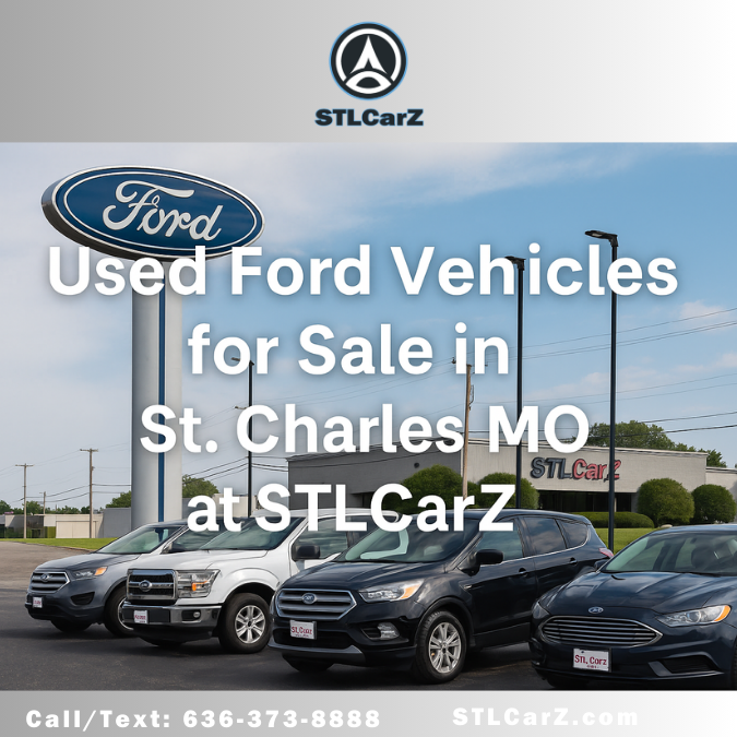 Used Ford vehicles for sale in St. Charles MO at STLCarZ dealership featuring Ford SUVs and trucks with STLCarZ logo