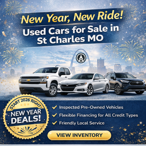 New Year New Ride banner for used cars for sale in St Charles MO featuring inspected pre-owned vehicles, flexible financing, and STLCarZ dealership contact information.