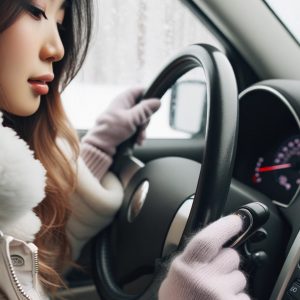 Cute female starting cold car