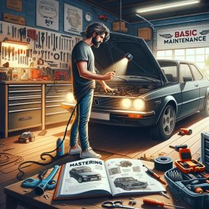 Man mechanic in garage repairing car