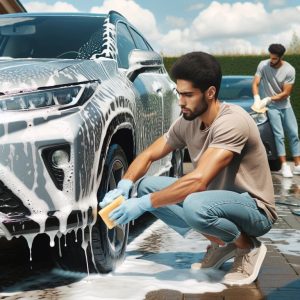 Latino man washing his car outside