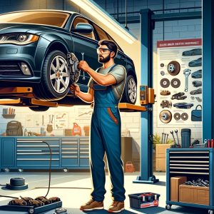 Mechanic checking car brakes
