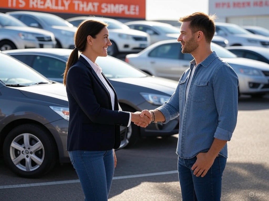 Shaking hands woman and man car sales woman dealership parking lot