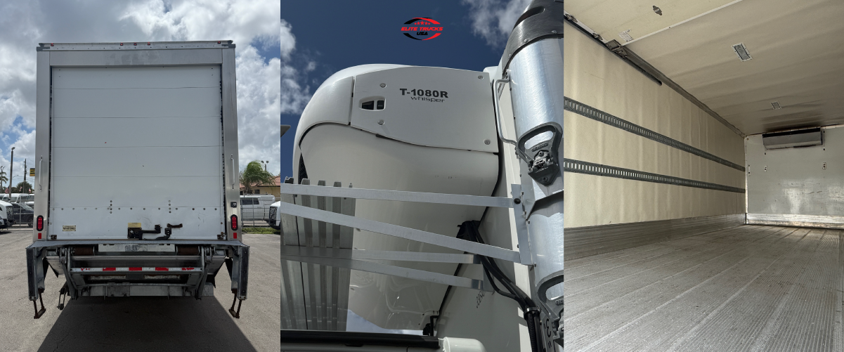 Insulated box truck features: heavy-duty rear liftgate, high-performance Thermo King refrigeration, and spacious interior with secure cargo tracking.
