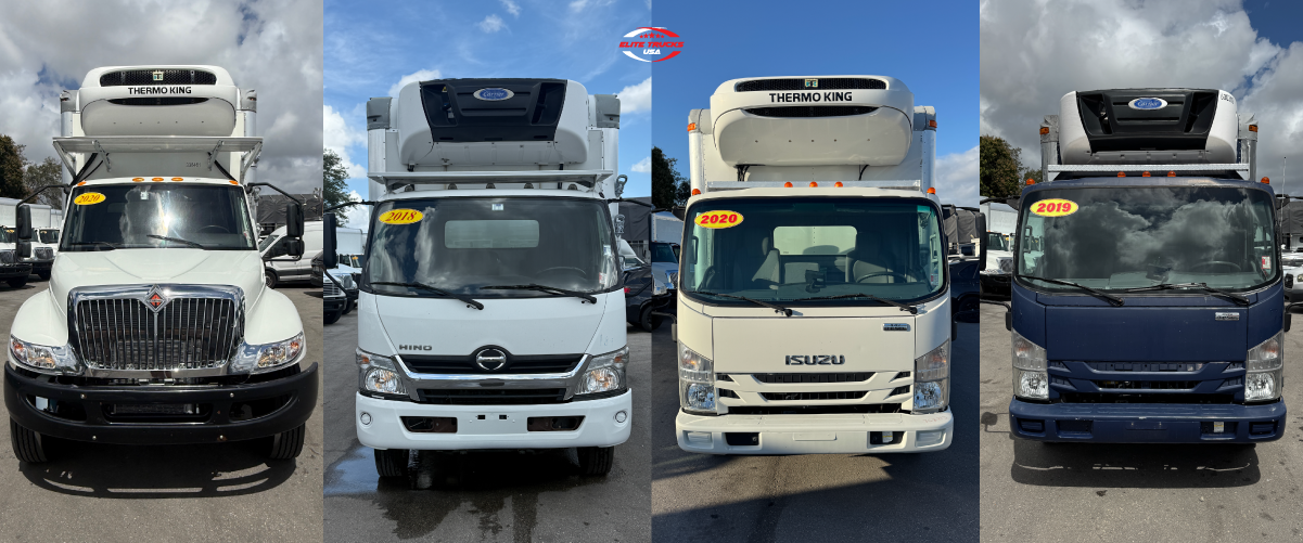 Front view of International, Hino, and Isuzu refrigerated trucks for sale, featuring Thermo King and Carrier cooling systems