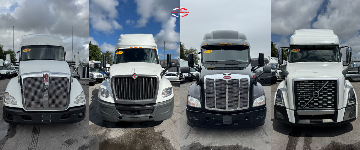 Image3 Frontal view of four commercial semi-trucks: Kenworth, International, Peterbilt, and Volvo.