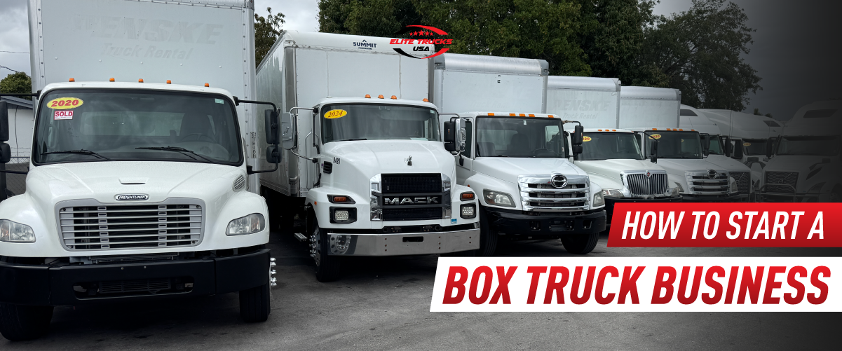 Line of commercial white box trucks parked in a lot with a text overlay about starting a box truck business.