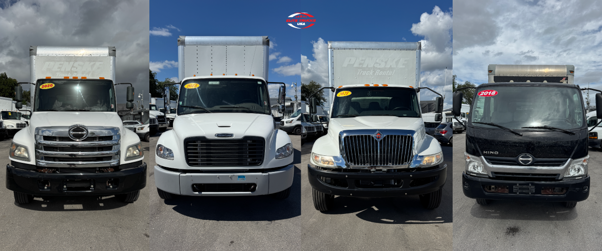 Collage of various commercial box trucks from different model years.