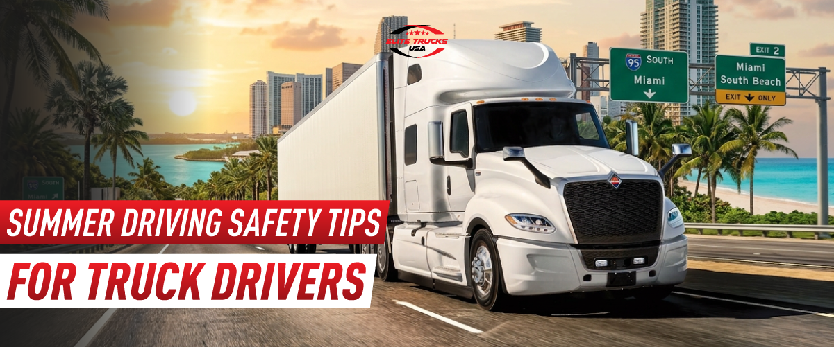 White semi-truck driving on a coastal Miami highway with a text overlay for truck driver summer safety tips.