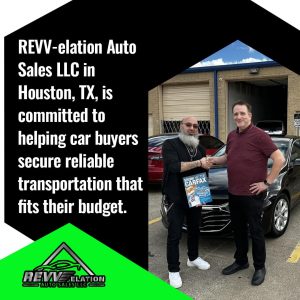 REVV-elation Auto Sales LLC in Houston, TX, committed to helping car buyers secure reliable transportation within budget. Customer and salesperson shaking hands with a 'Show Me The CARFAX' book.