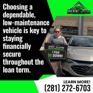 Happy customer from REVV-elation Auto Sales LLC holding a '$0 Down!' sign next to a new car, emphasizing securing a dependable, low-maintenance vehicle for financial security