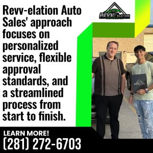 Two men, likely a REVV-elation Auto Sales representative and a satisfied client, demonstrating the dealership's approach to personalized service, flexible approval standards, and a streamlined car buying process