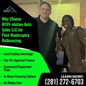 Happy customers smiling with a REVV-elation Auto Sales LLC representative, highlighting the benefits of post-bankruptcy auto refinancing, including local lending, fast pre-approval, customized plans, in-house financing, and no hidden fees