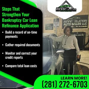 A satisfied customer at REVV-elation Auto Sales LLC, illustrating steps to strengthen a bankruptcy car loan refinance application: building on-time payments, gathering documents, monitoring credit, and comparing loan costs