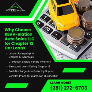 Yellow toy car on a calculator with coins, representing REVV-elation Auto Sales LLC's expertise in Chapter 13 car loans, cramdown eligible vehicles, and post-discharge financing