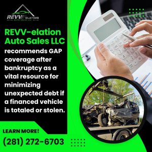 REV-elation Auto Sales LLC ad recommending GAP coverage for financed vehicles after bankruptcy to minimize debt from totaled or stolen cars
