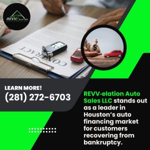 Hands reviewing a car loan contract with keys, representing REVV-elation Auto Sales LLC as a leader in Houston's auto financing market for customers recovering from bankruptcy