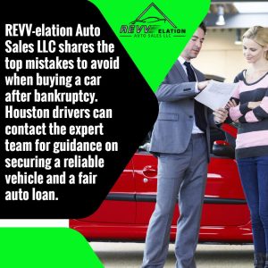 A car salesman showing a woman documents next to a red car, representing the top mistakes to avoid when buying a car after bankruptcy.