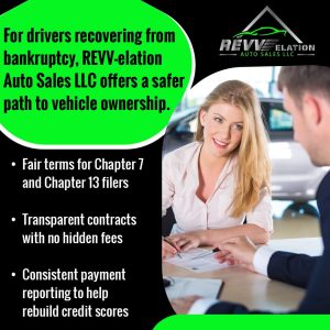 A woman signing car loan documents with a sales professional, representing a safe path to car ownership for those recovering from bankruptcy.