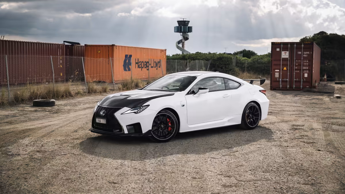 white lexus rc f track edition in a container yard