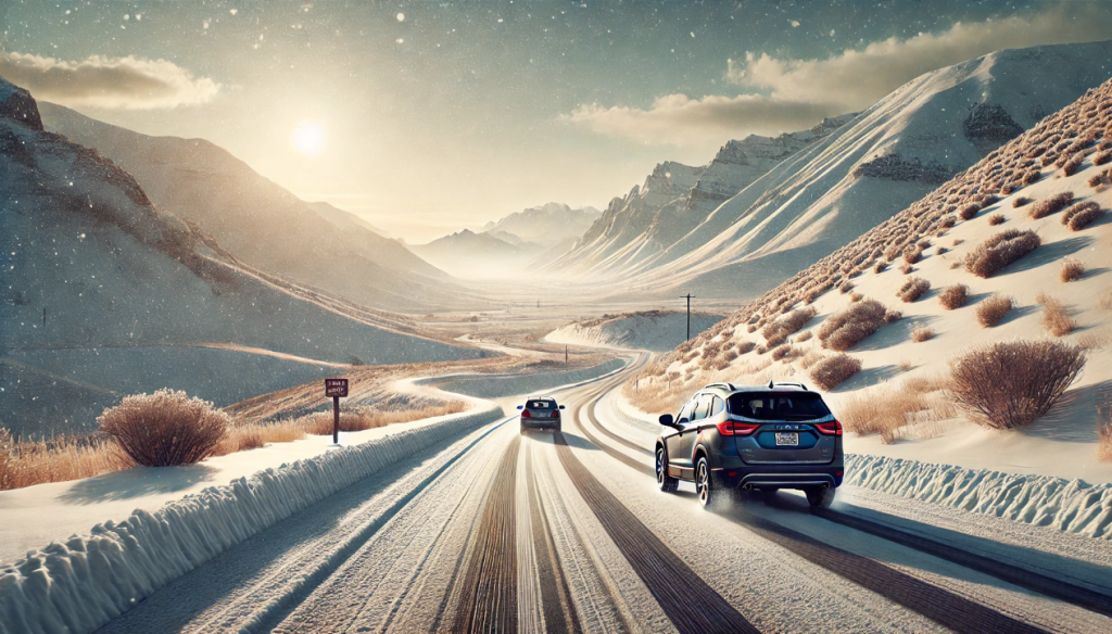 AWD SUV and FWD sedan driving on a snowy Utah road with mountains in the background