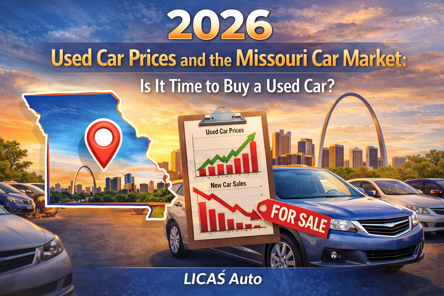 2026 Missouri used car price trends with map of Missouri and cars for sale at dealership