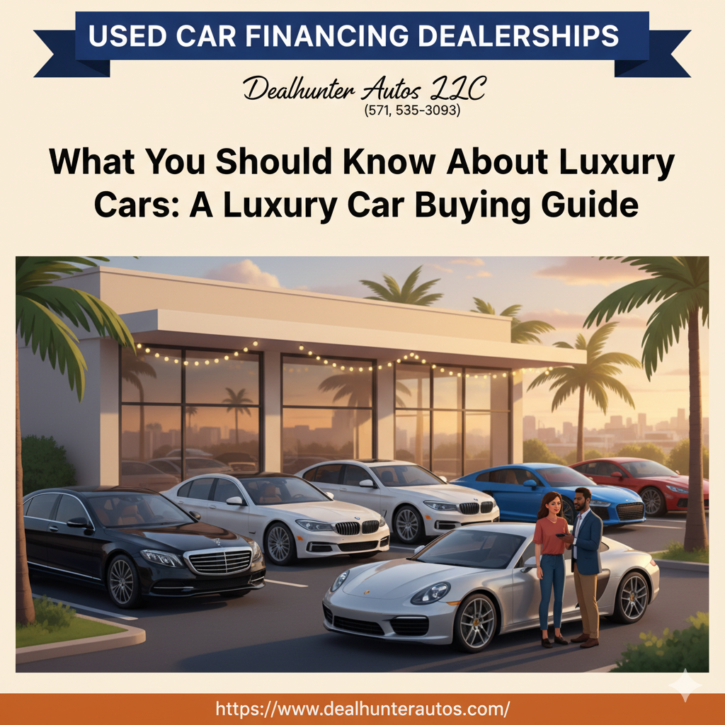 Luxury used cars at DealHunter Autos dealership with buying guide banner