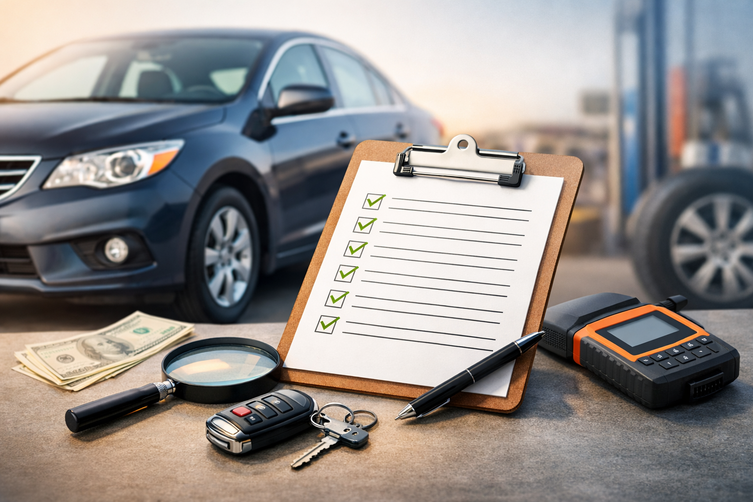 Used car inspection checklist with car, keys, and diagnostic tool for confident used car buying