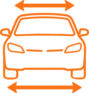 Illustration of a car with arrows indicating width and space, representing vehicle dimensions and parking requirements.
