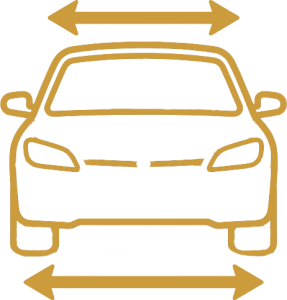 Illustration of a car with arrows indicating width and space, representing vehicle dimensions and parking requirements.