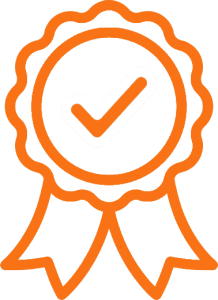 An orange award badge featuring a circular design with a check mark, symbolizing achievement and recognition in various fields.