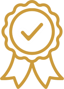 A gold award badge featuring a circular design with a check mark, symbolizing achievement and recognition in various fields.