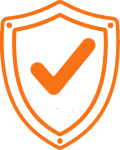 A orange shield icon featuring a check mark, symbolizing security, trust, and protection.