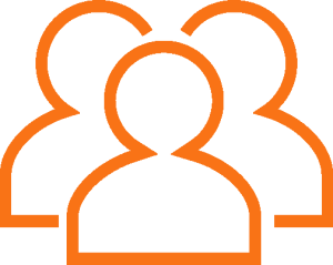Icon of three orange silhouettes symbolizing people, set against a black background. The minimalistic design suggests teamwork and community.