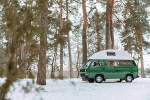 RV camper in the snow after winterization protection