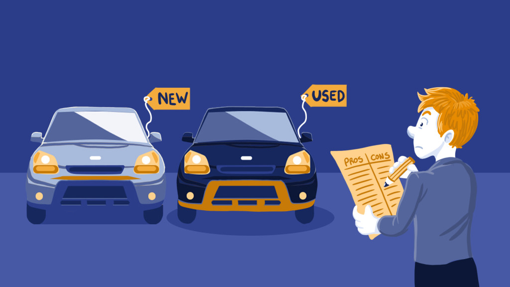 Illustration comparing new vs. used cars, highlighting the pros and cons of each option. Perfect for understanding the best reasons to buy a used car in Sacramento, as discussed in the 916 Auto Mart blog post.