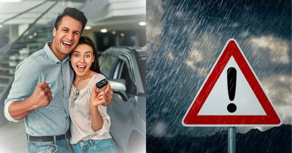 a man and woman excited with a new car they got from a buy here pay here dealership with a caution sign on the right