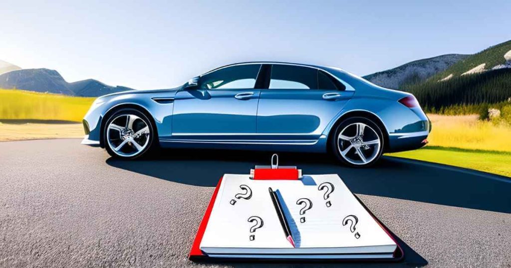 an image of a sedan with a clipboard and pen with question marks on the paper best car financing deals faq