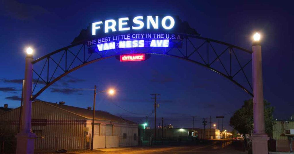 an image of the Fresno van ness sign at night